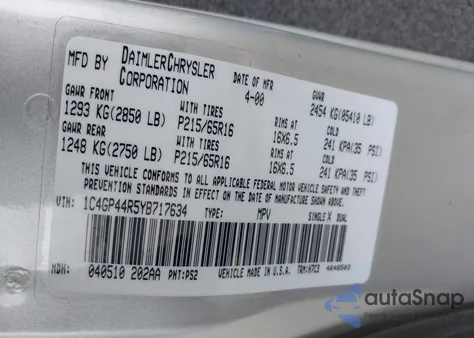 2000 Chrysler Town & Country Lx from USA, damaged, VIN 1C4GP44R5YB717634